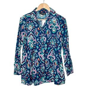 Paisley Print Button Up Blouse Top Blue Womens Size M Liza Byrd Colorful Artsy